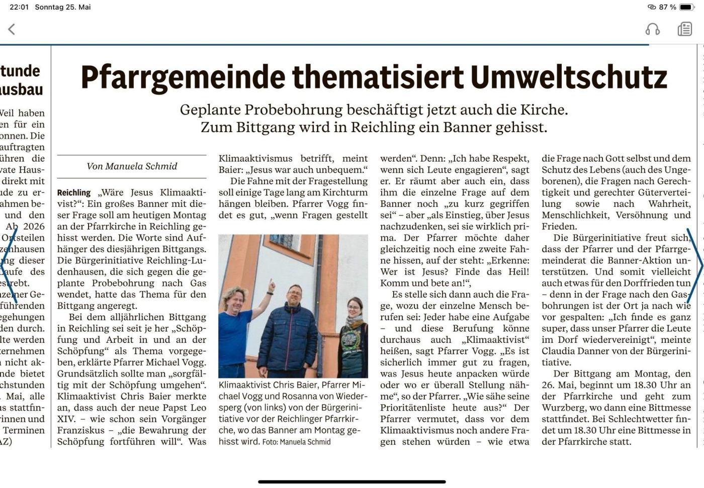Zeitungs-Ausschnitt: In #Reichling: "Pfarrgemeinde thematisiert Umweltschutz Landsberger Tagblatt - Mal sehen, wie der Bittgang dann wird.